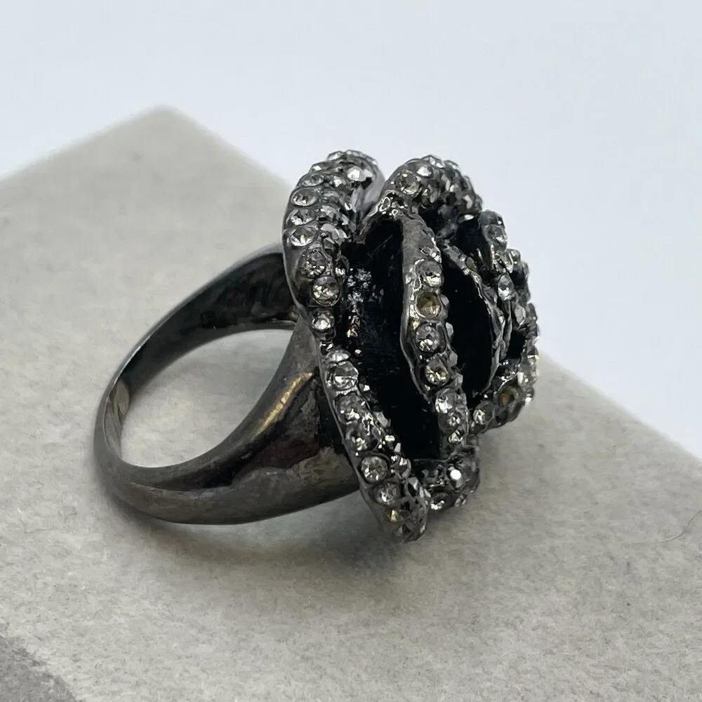 Blackened Metal Rose Shape Heavy Ring Gray Rhinestones Statement Bold Chunky  8